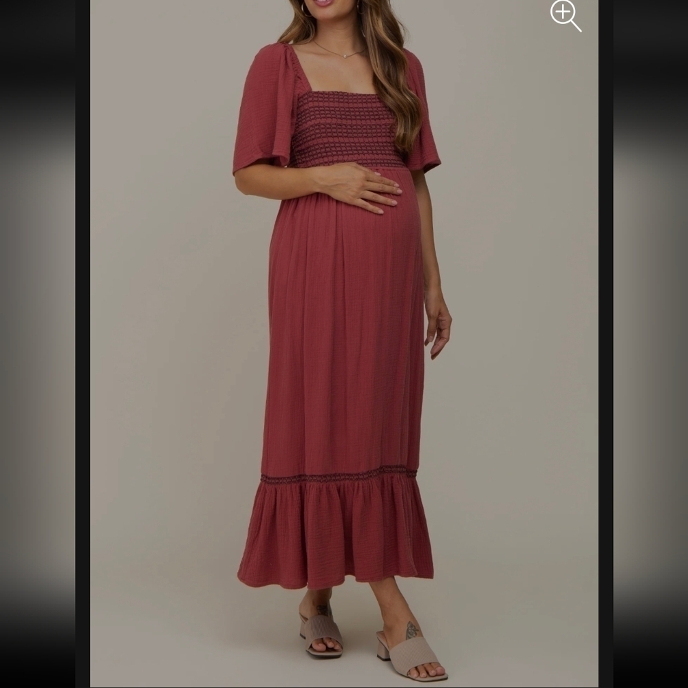 Lalavon Embroidered Smocked Square Neck Open Back Maternity Midi Dress. Size Med